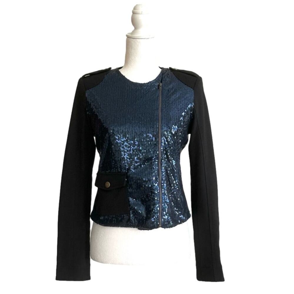 Lumiere Jacket Blazer Coat Black Blue Sequins Front Side Zip Cropped Party Small